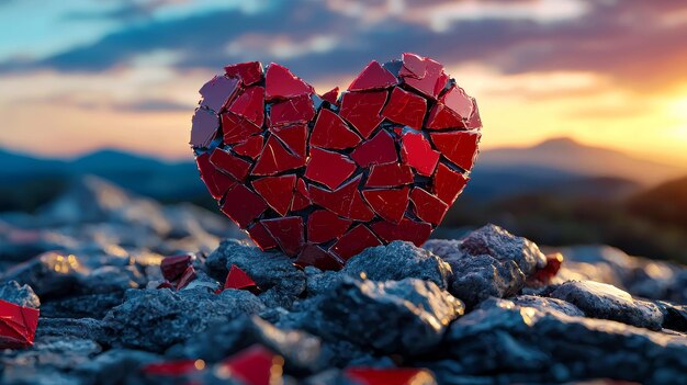 A broken heart formed by shattered red pieces resting on rocks symbolizing love39s fragility against a beautiful sunset backdrop