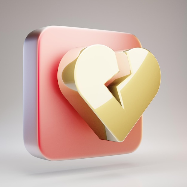 Broken Heart icon. Golden Broken Heart symbol on red matte gold plate. 3D rendered Social Media Icon.