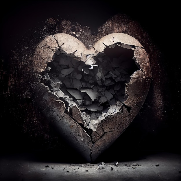 Broken heart made of concrete isolated on black background