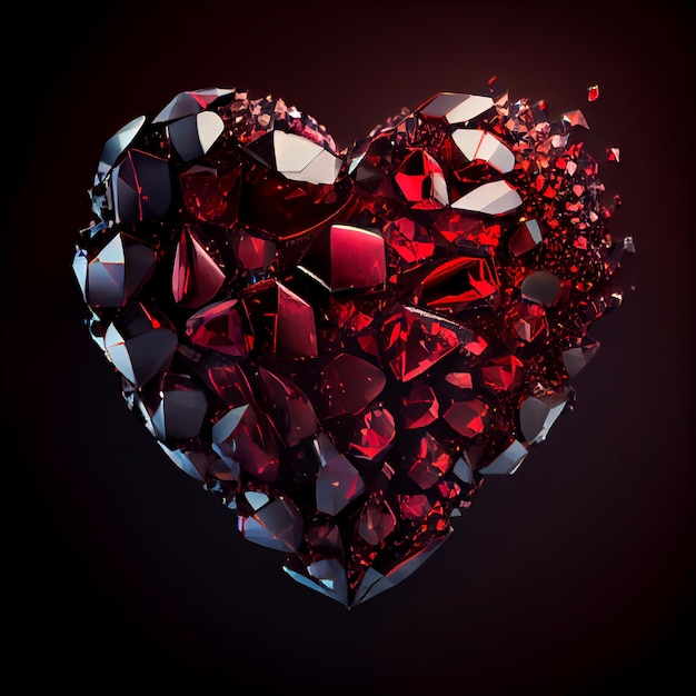 Broken heart made of ruby isolated on black background