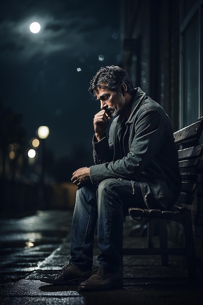 A broken hearted man sitting out side in pensive thought on a dim and gloomy night with the moon in the sky