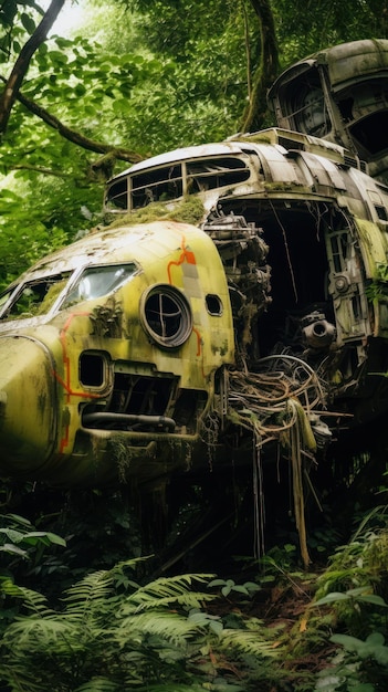 A broken helicopter in the woods