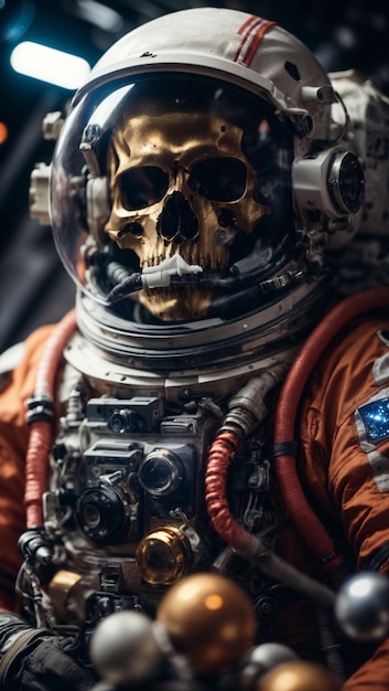 broken helmet skeleton in astronaut spacesuit