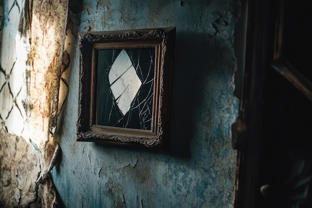 A Broken Mirror Hanging in a Distressed Room