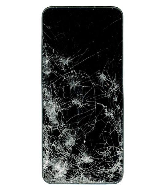 Broken mobile phone screen fractured glass white background