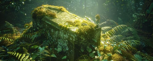 Broken mosscovered gravestone buried under layers of wild ferns and ivy glowing in the early morning sun