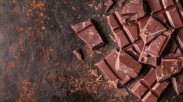 Broken Pieces of Dark Chocolate on Rustic Surface