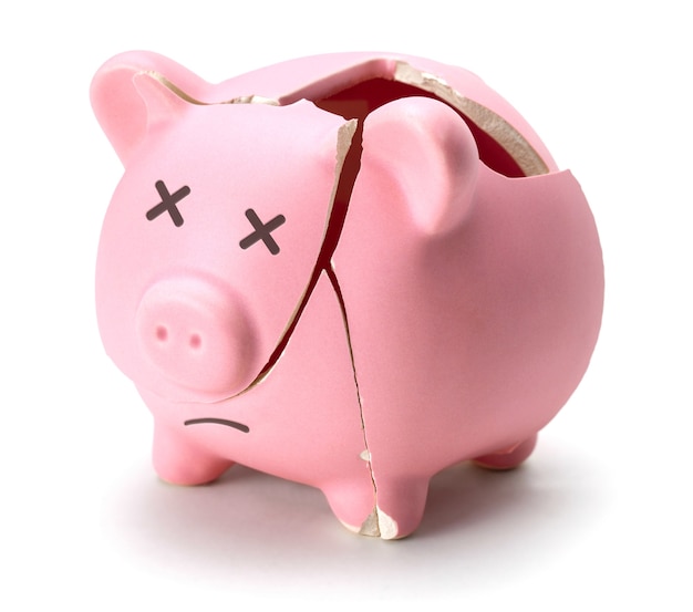 Broken piggy bank isolated on white background.