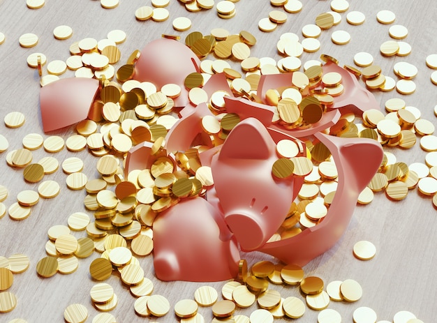 A broken piggy bank loaded with dollar coins. Business and finance concept. 3d rendering illustration