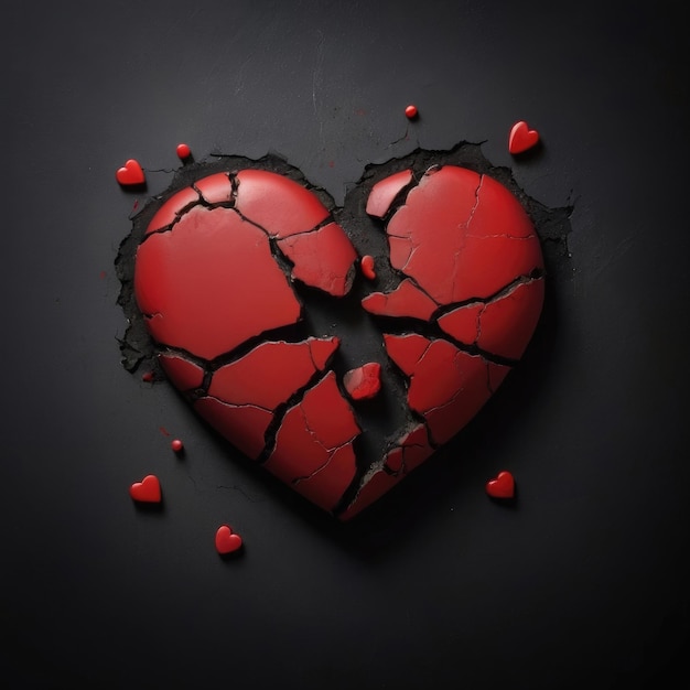 Photo broken red heart 3d design on black background