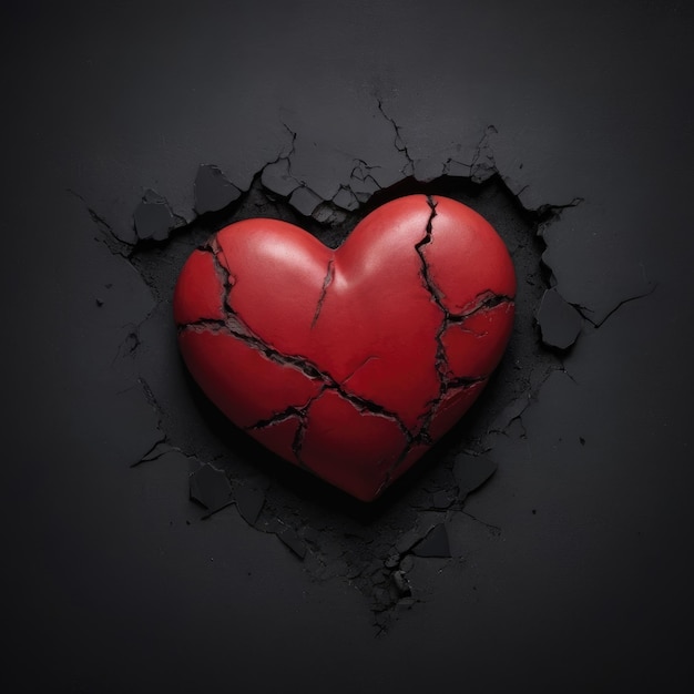 Broken red heart 3d design on black background