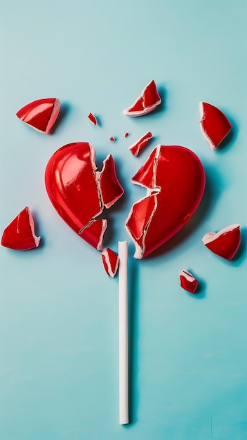 Photo broken red lollipop heart on pastel blue background top view flat lay