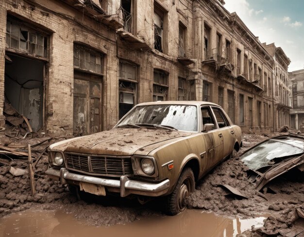 Broken retro car in a dirty demolished city after rain