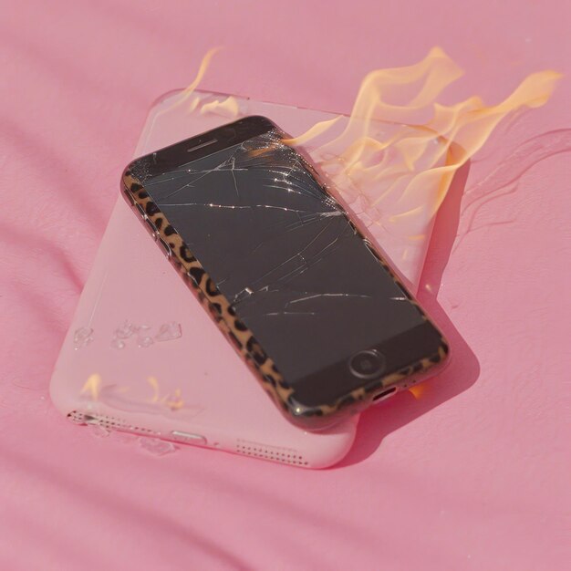 Photo broken smartphone on pink background mobile phone with broken screen