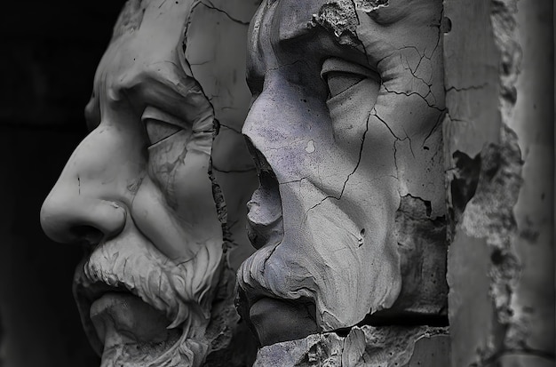 Photo broken statue heads representing the end of an era