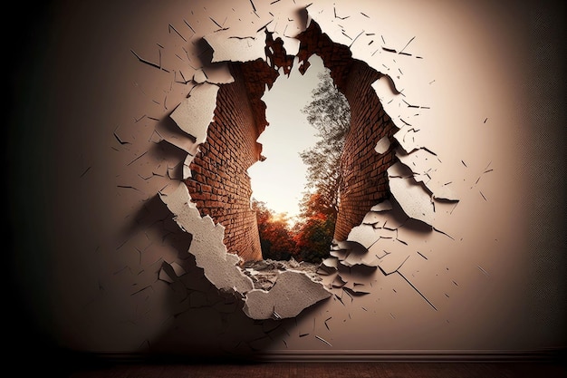 Broken through wall with beige coating and light in opening