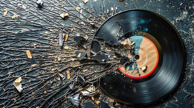 A broken vinyl record on a cracked textured surface