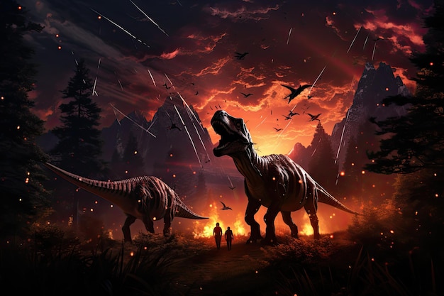 Brontosaurs are shown in this image witnessing a meteor shower that happened before to the bigger a