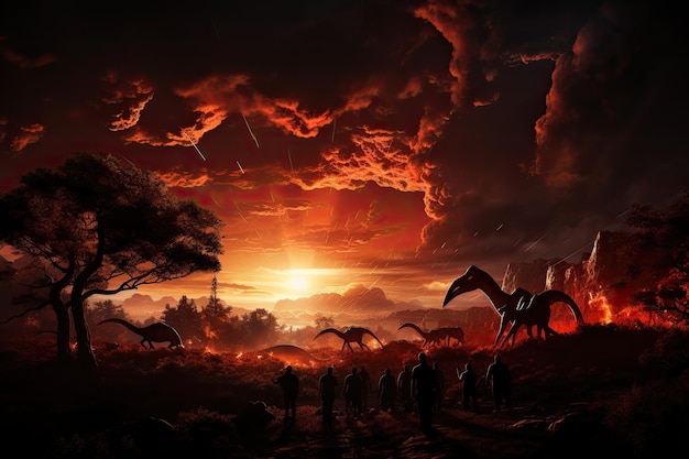 Brontosaurs are shown in this image witnessing a meteor shower that happened before to the bigger a