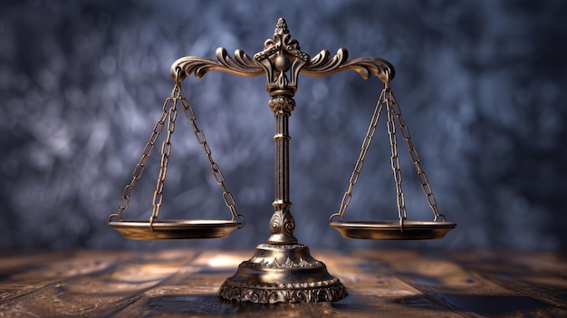 Bronze 3d justice scales on dark blue studio background symbolizing legal concept and balance