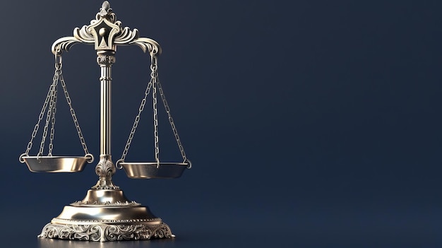 Bronze 3d scales of justice on dark blue background perfect for legal design concepts and projects