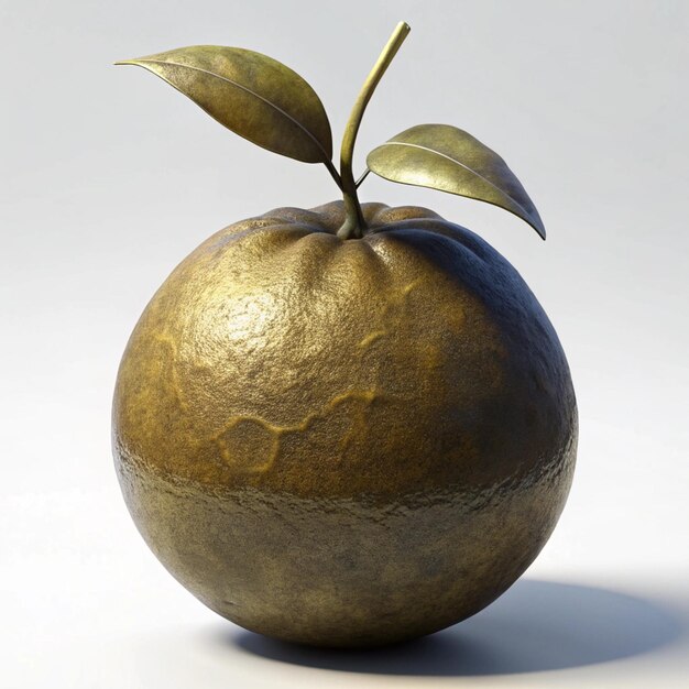 a bronze apple with a leaf on its stem