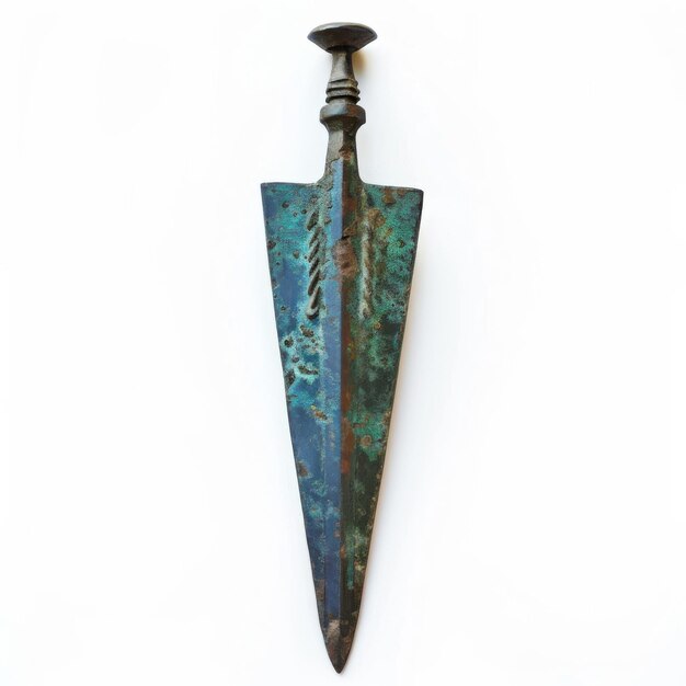 Bronze arrowhead with rusty handle on white background