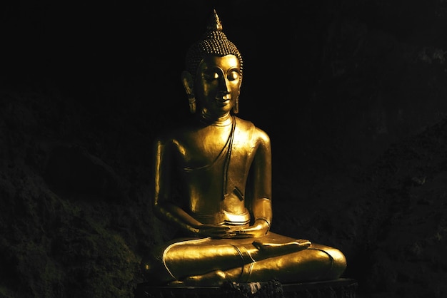 Bronze Buddha statue praying in lotus pose inside a cave