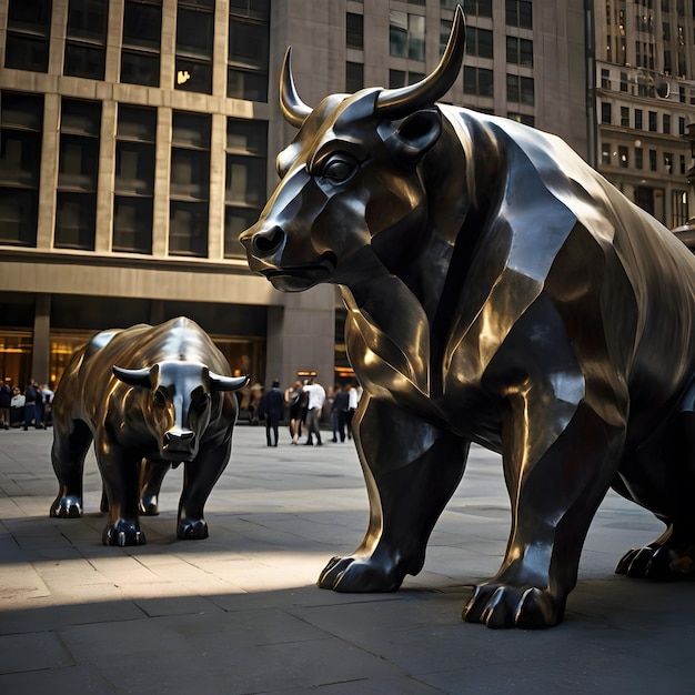 Photo a bronze bull and bull statue are in front of a building