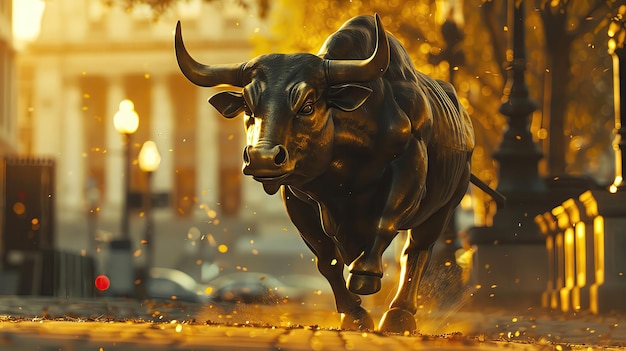 A bronze bull statue charging forward in a cityscape during a golden sunset symbolizing strength pow