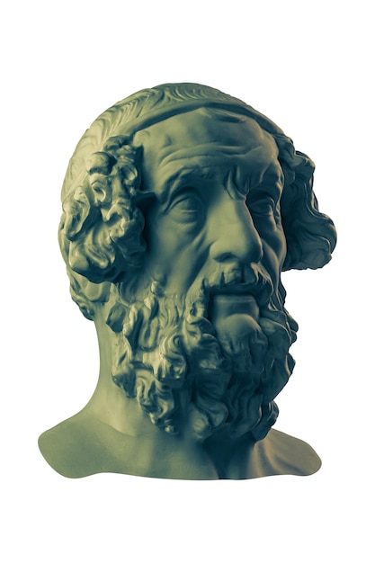 Bronze color gypsum copy of ancient statue Homer head for artists. Plaster antique sculpture of human face. Ancient greek poet and philosopher Homer is the legendary author of poems Iliad and Odyssey.