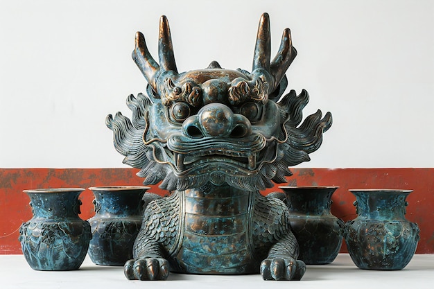 A bronze dragon head statue with horns four legs and tail on the ground of beijings forbidden city