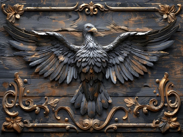 a bronze eagle is on a piece of wood