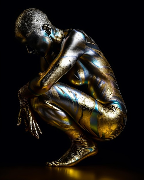 A bronze figure with a blue and gold body paint and the words'gold'on it