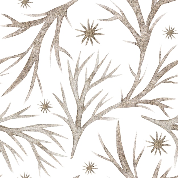 Bronze golden glitter seamess pattern with shining stars and tree twigs or branch modern watercolor