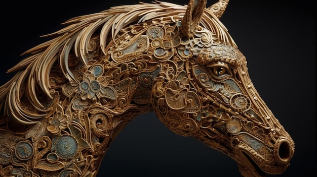 A bronze horse with intricate designs on it