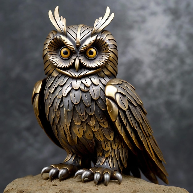 Photo a bronze owl statue with a gold eye and a black background