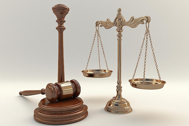 Photo bronze scale and gavel a 3d study on white