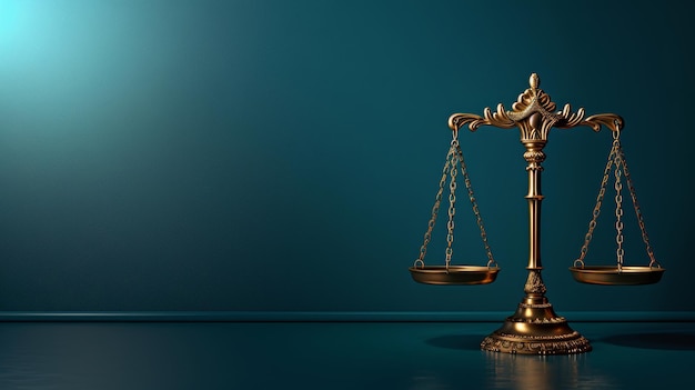 Bronze scales of justice in 3d on dark blue studio background for legal and judiciary concepts