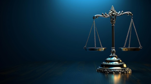 Bronze scales of justice in 3d on deep blue studio backdrop for legal concept and design projects