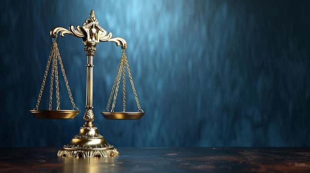 Bronze scales of justice in 3d on deep blue studio background for legal concepts