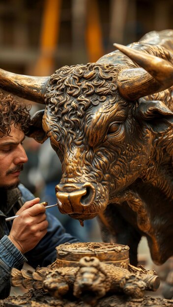 Photo a bronze statue of a bull with a cigarette in his mouth