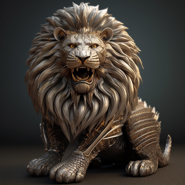 A bronze statue of a lion with a lion's mane.