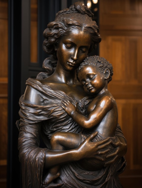 A bronze statue of a mother holding her baby