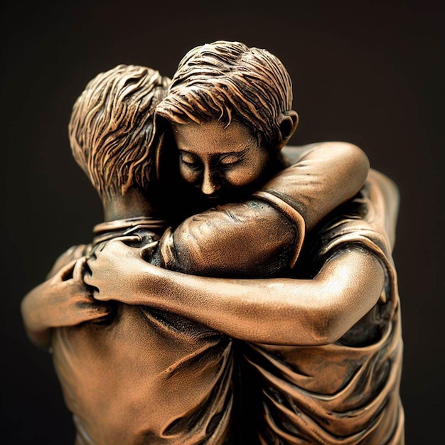 a bronze statue of two people hugging