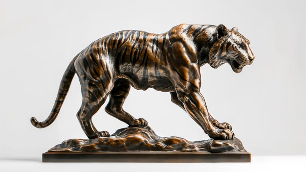 Photo bronze tiger statue meticulously crafted with detailed stripes and a poised stance