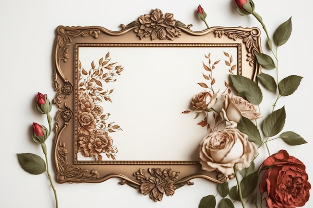 Bronze vintage frame 10x15 with red and white rose inflorescences on white backdrop Design mockup