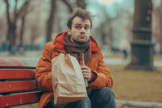 Brooding Man Contemplating In Park Clutching Discreet Paper Bag