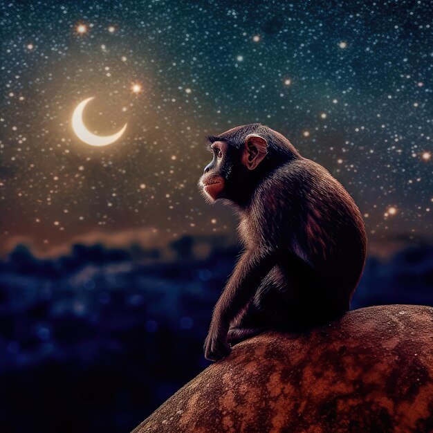 Brooding primate sits on top of a cliff contemplating a cosmic symphony philosophical intelligent Generative AI