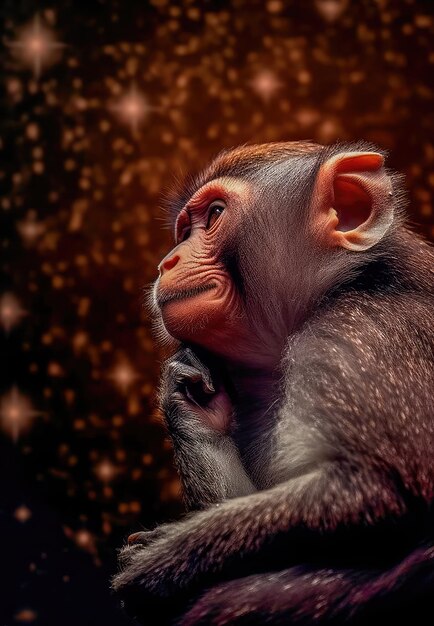 Brooding primate sits on top of a cliff contemplating a cosmic symphony philosophical intelligent Generative AI